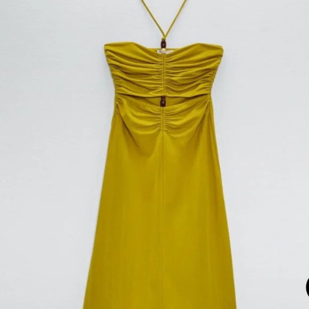 NWT Zara Yellow Green Cutout Halter Dress with bead - Picture 5 of 9